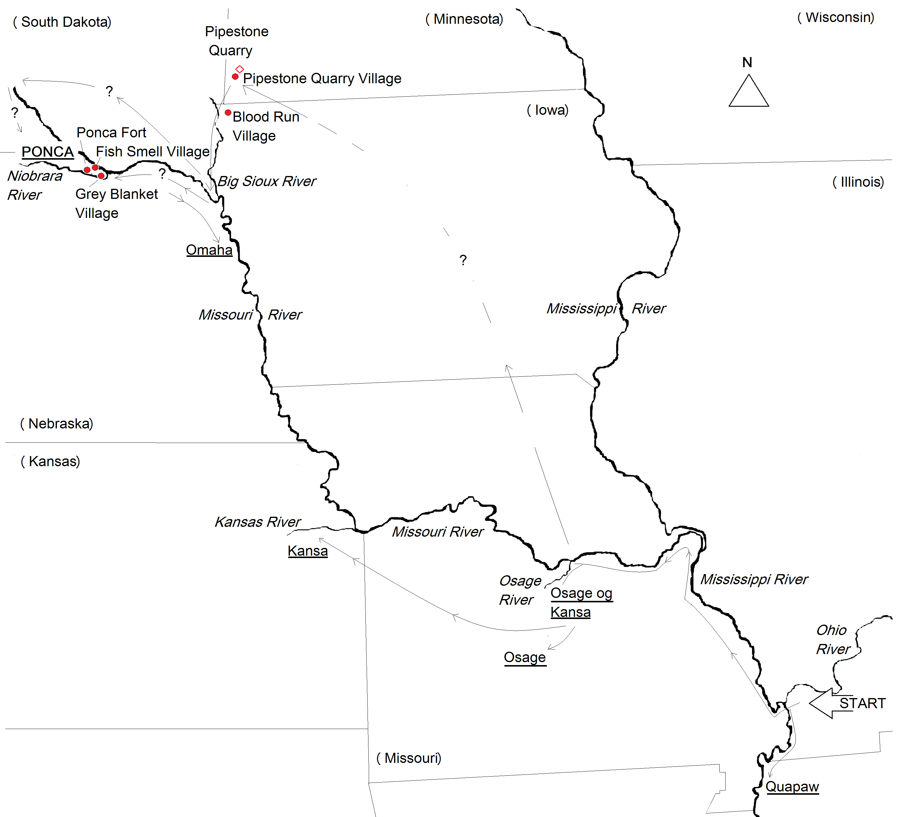 Map of Ponca migration from Ohio River to Niobrara River